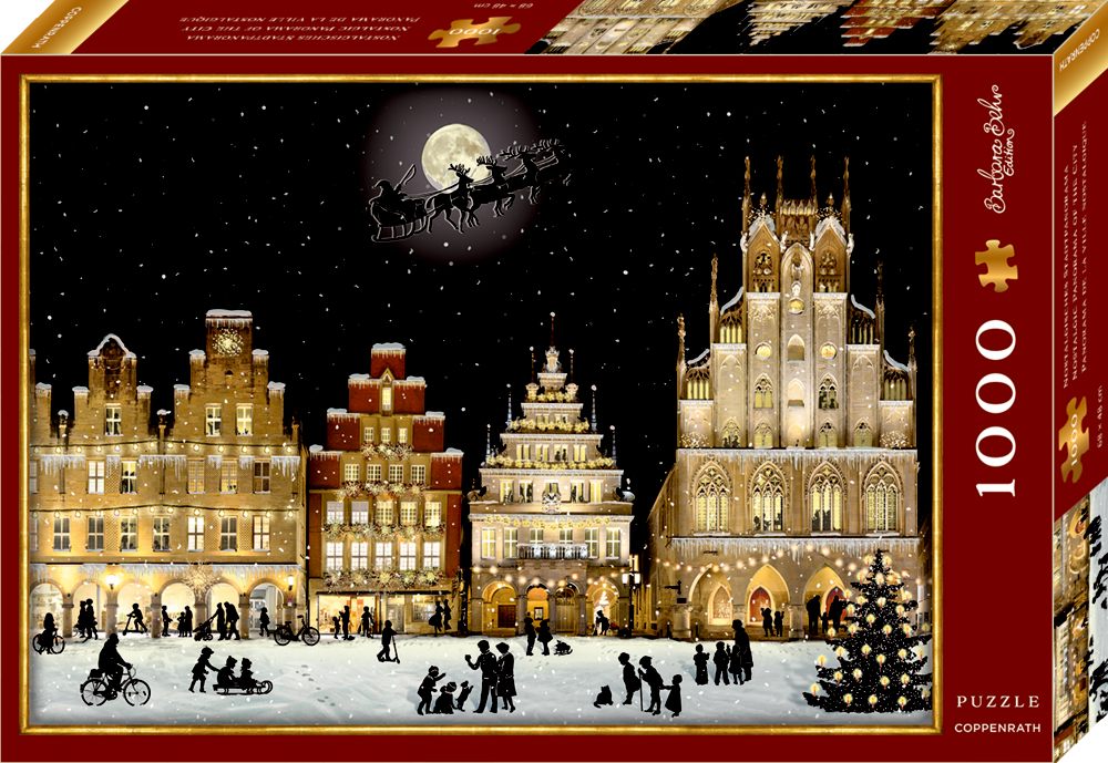 Weihnachtlich beleuchtete Häuserfront mit Kathedrale, Menschen im Schnee und fliegendem Schlitten vor dem Mond, 1000 Teile Puzzle-Box.