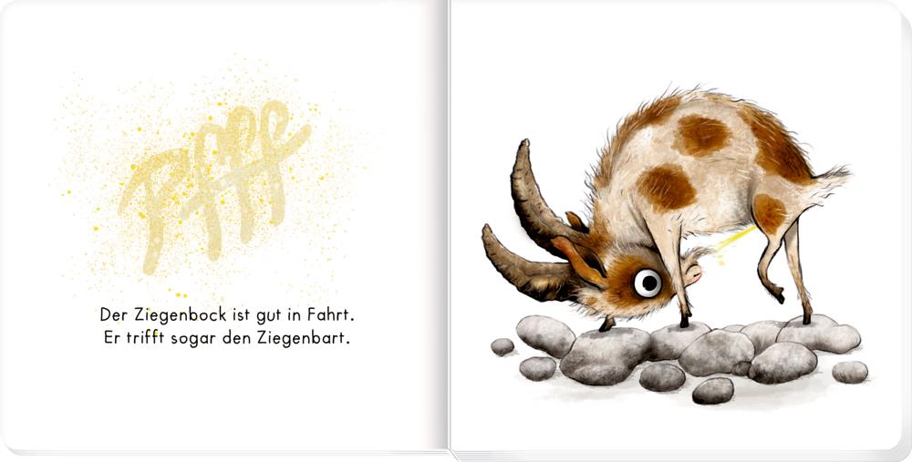 Eine verspielte Ziege mit großen Hörnern steht auf Felsen, neigt den Kopf tief und sieht neugierig aus, während er Pipi macht, auf einer Doppelseite mit  Text.