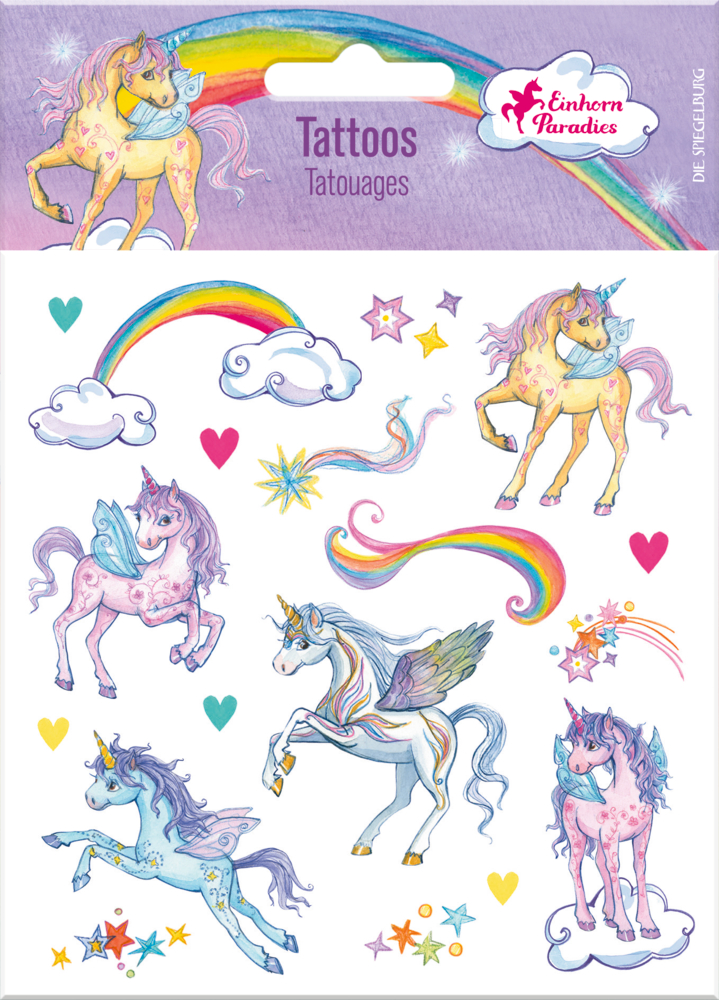 Glitzer-Tattoos Einhorn-Paradies Einhorn-Tattoo-Bogen mit Regenbögen, Sternen, Wolken und magischen Motiven auf weißem Hintergrund.