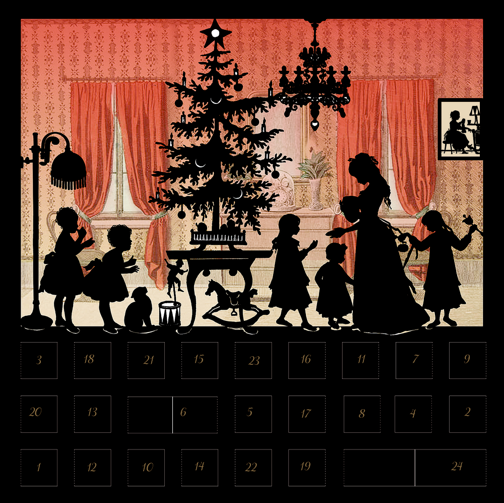 Viktorianische Silhouetten: Kinder und eine Dame versammeln sich um einen Weihnachtsbaum in einem geschmückten Salon.