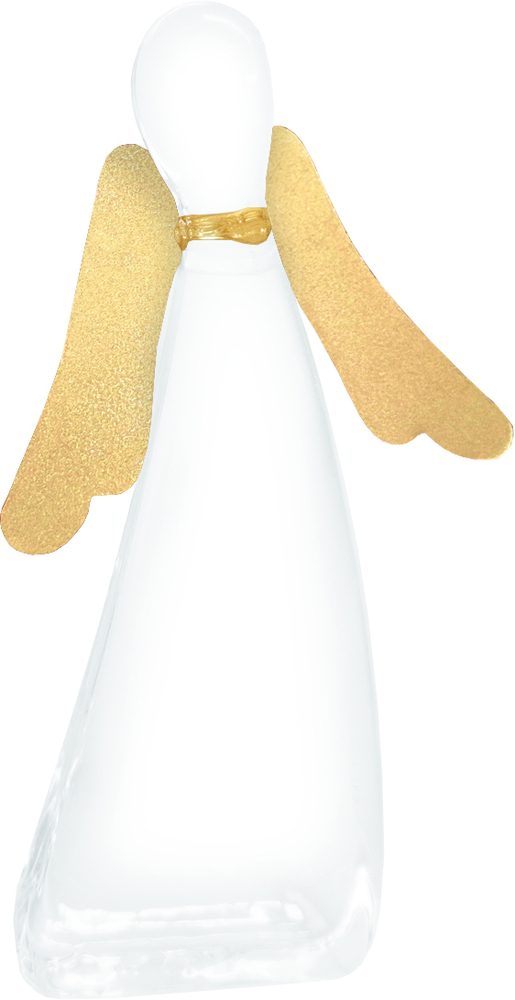 Engelsfigur aus Glas mit goldenen Flügeln und Kragen auf weißem Hintergrund.