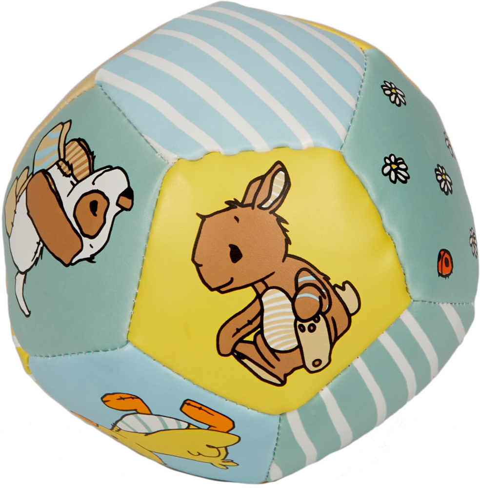 Weicher, bunter Ball mit Tierillustrationen – Hase, Hund, Ente – und Bildern von Blumen und einem Marienkäfer.