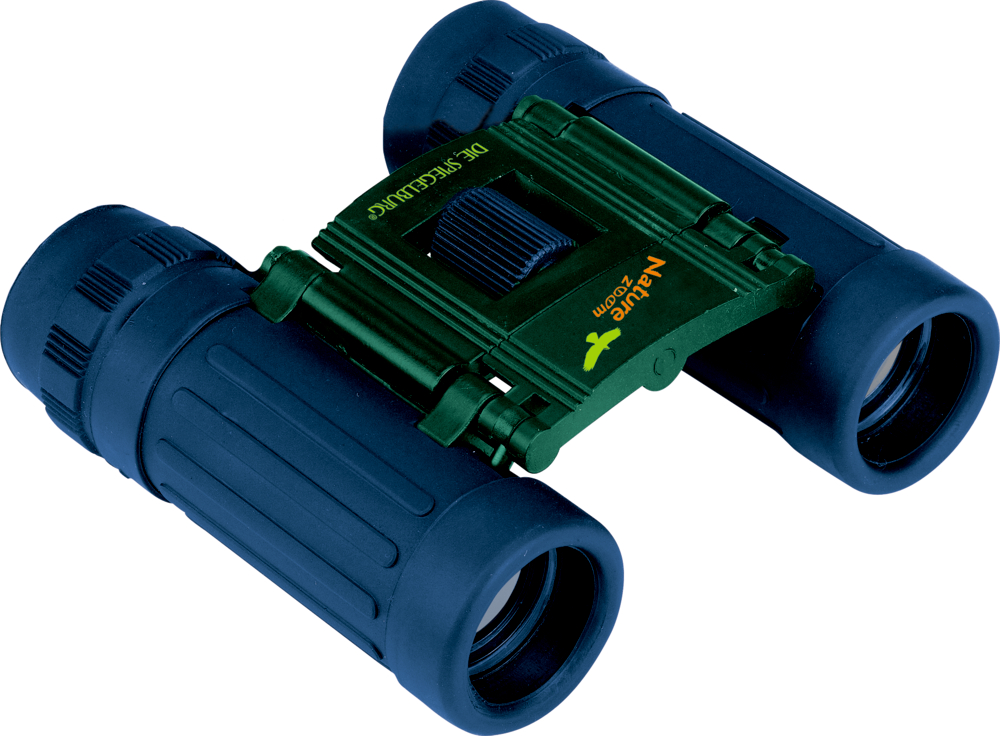 Fernglas Nature Zoom Kompaktes schwarzes Fernglas mit strukturierten Griffen und einem grünen Mittelscharnier, aus der Schrägansicht gezeigt.