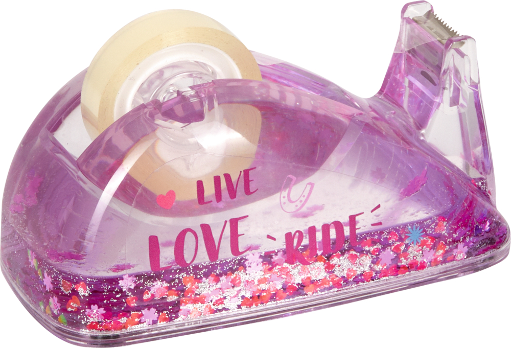 Lila Glitzer-Klebebandspender mit Klebebandrolle und „Live Love Ride“-Aufdruck an der Seite.