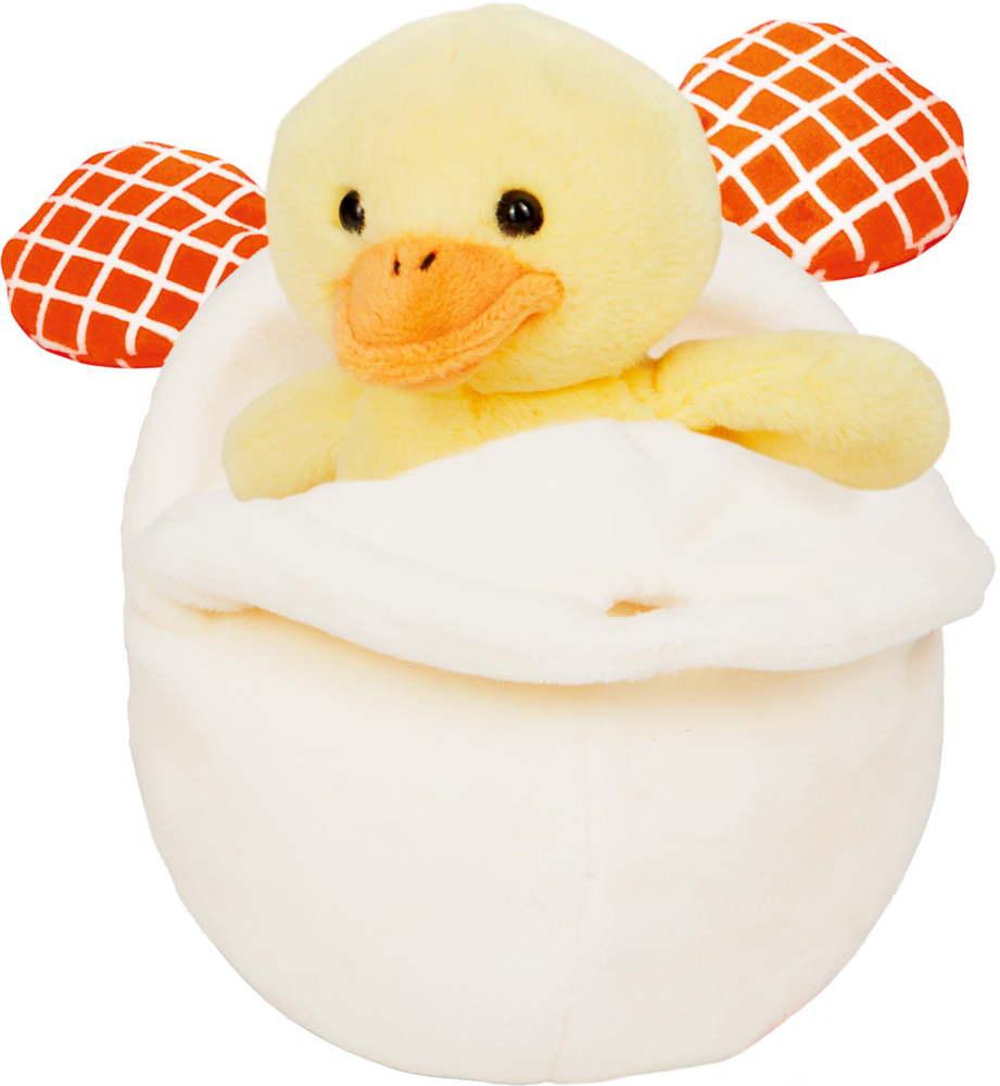 Plüsch Entenküken schaut aus weißem Ei, Schleife mit orangefarbenem Muster sichtbar.