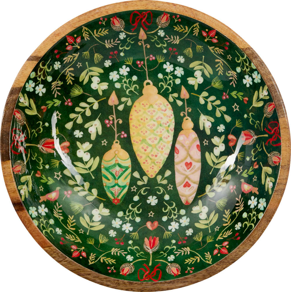 Runde Holzschale mit dunkelgrünem Hintergrund, Blumenmuster und drei mittig hängenden bunten Weihnachtszapfen.