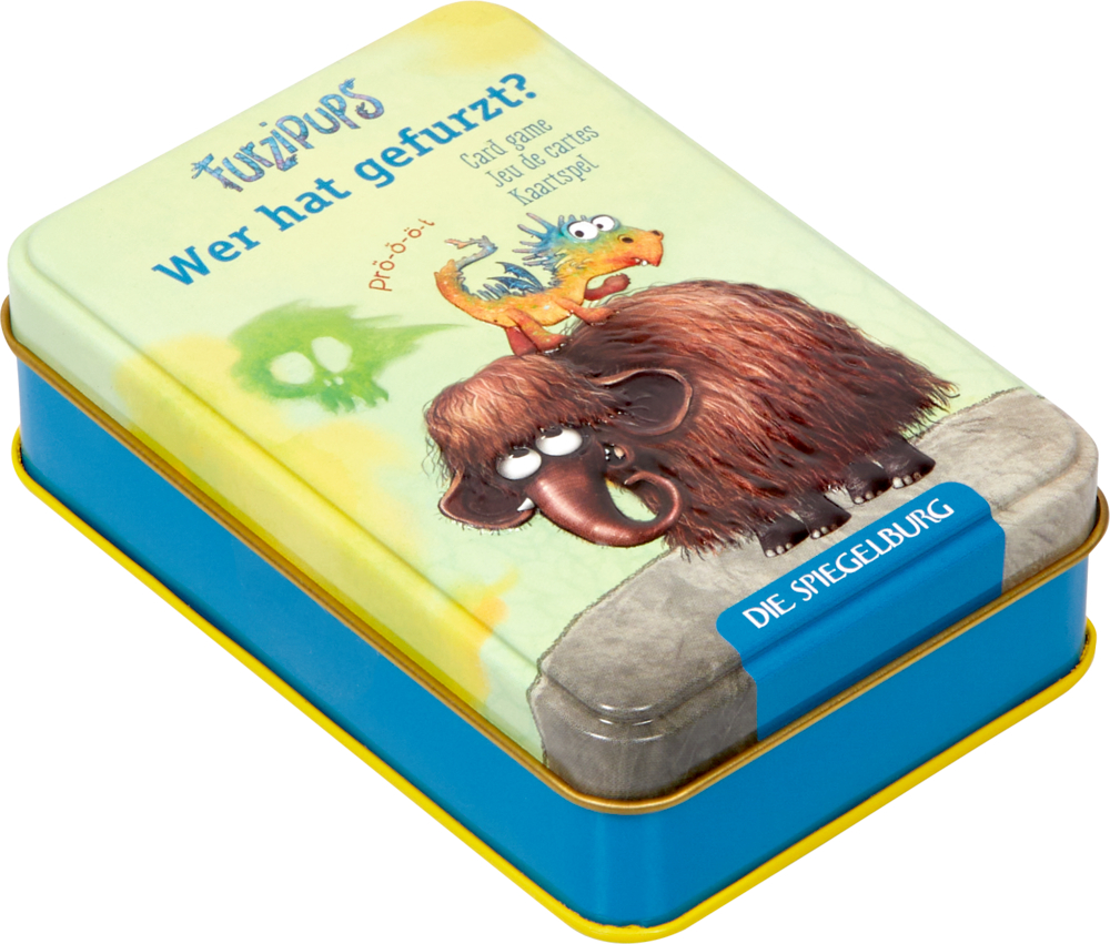 Kartenspiel Schwarzer Peter "Wer hat gefurzt?" - Furzipups Bunte Blechdose mit Cartoon-Mammut und Drachen auf dem Deckel, mit der Aufschrift „Wer hat gefurzt?“.
