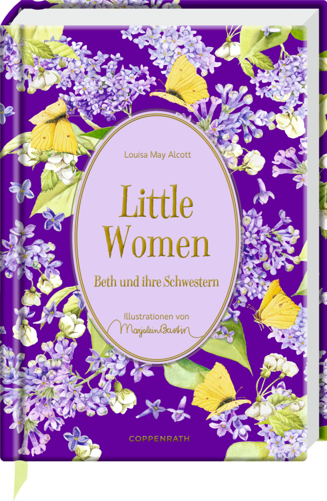 Große Schmuckausgabe (M. Bastin): L.M. Alcott, Little Women Buchcover von „Little Women“, mit Fliederblüten und gelben Schmetterlingen auf violettem Hintergrund.