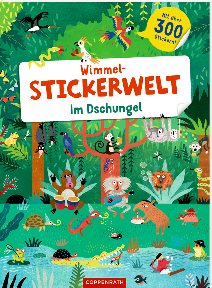 Lebhafte Dschungelszene mit verschiedenen Tieren, Pflanzen und Menschen; mit dem Titel „Wimmel-Stickerwelt Im Dschungel“.