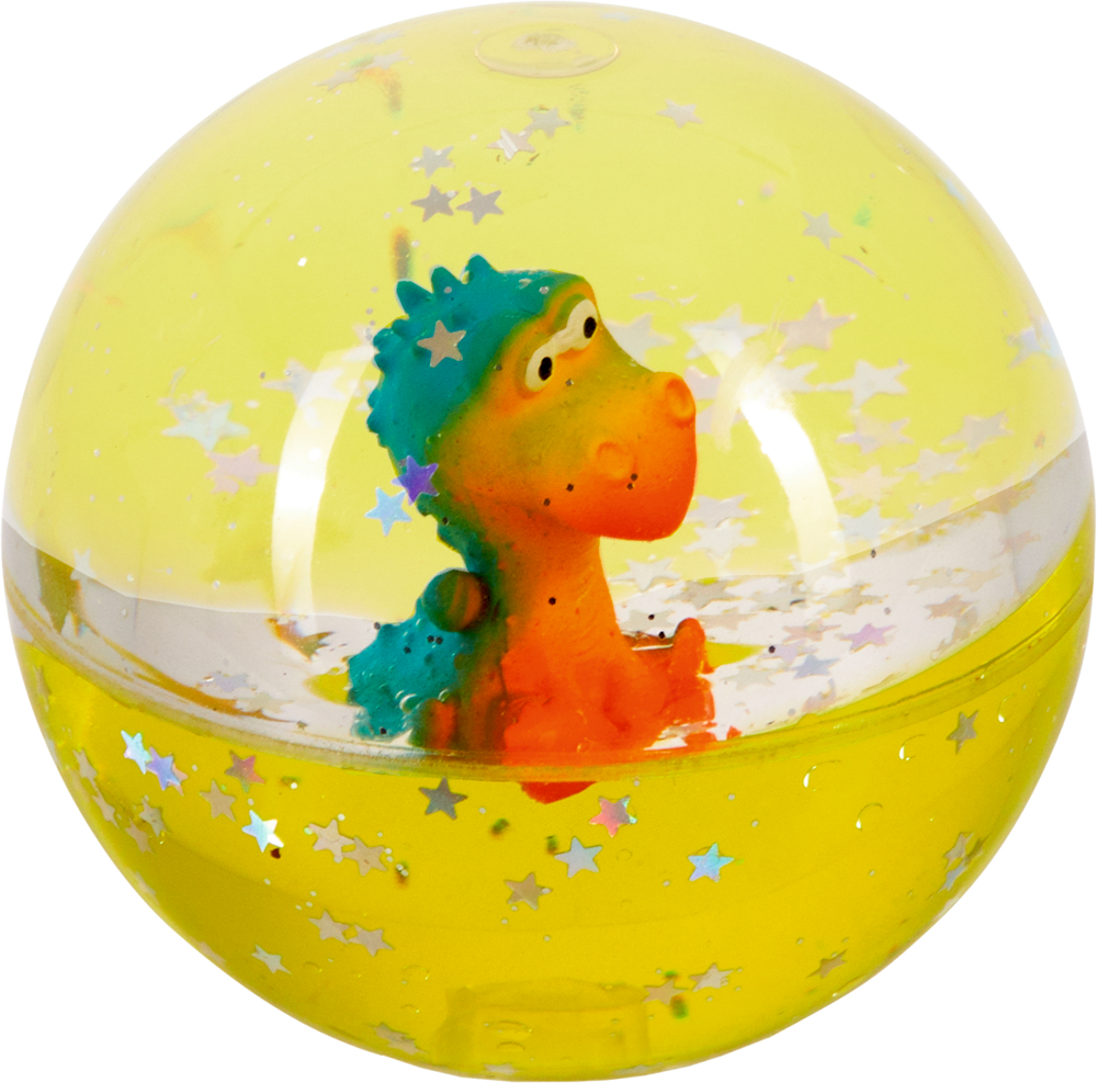 Gelber Hüpfball mit einem kleinen orangefarbenen Drachen darin und silbernem Sternkonfetti.
