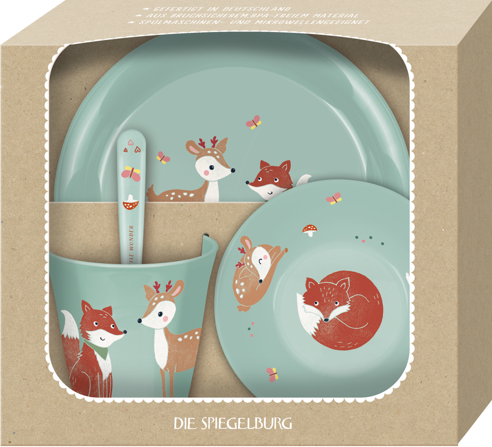 Geschirr Geschenkset Fuchs & Reh - Little Wonder Hellblaues Kindergeschirrset mit Fuchs- und Rehmotiven in einer beigefarbenen Geschenkbox mit Sichtfenster.