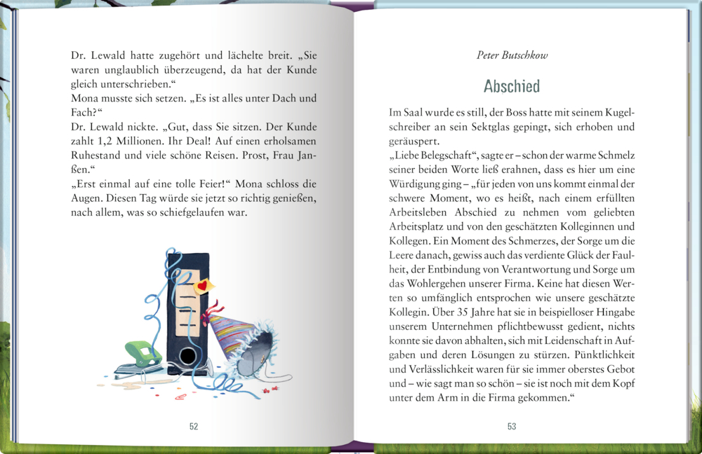 Offenes Buch mit Text, die illustrierte linke Seite zeigt ein Telefon, eine Tasse und verstreute Gegenstände.