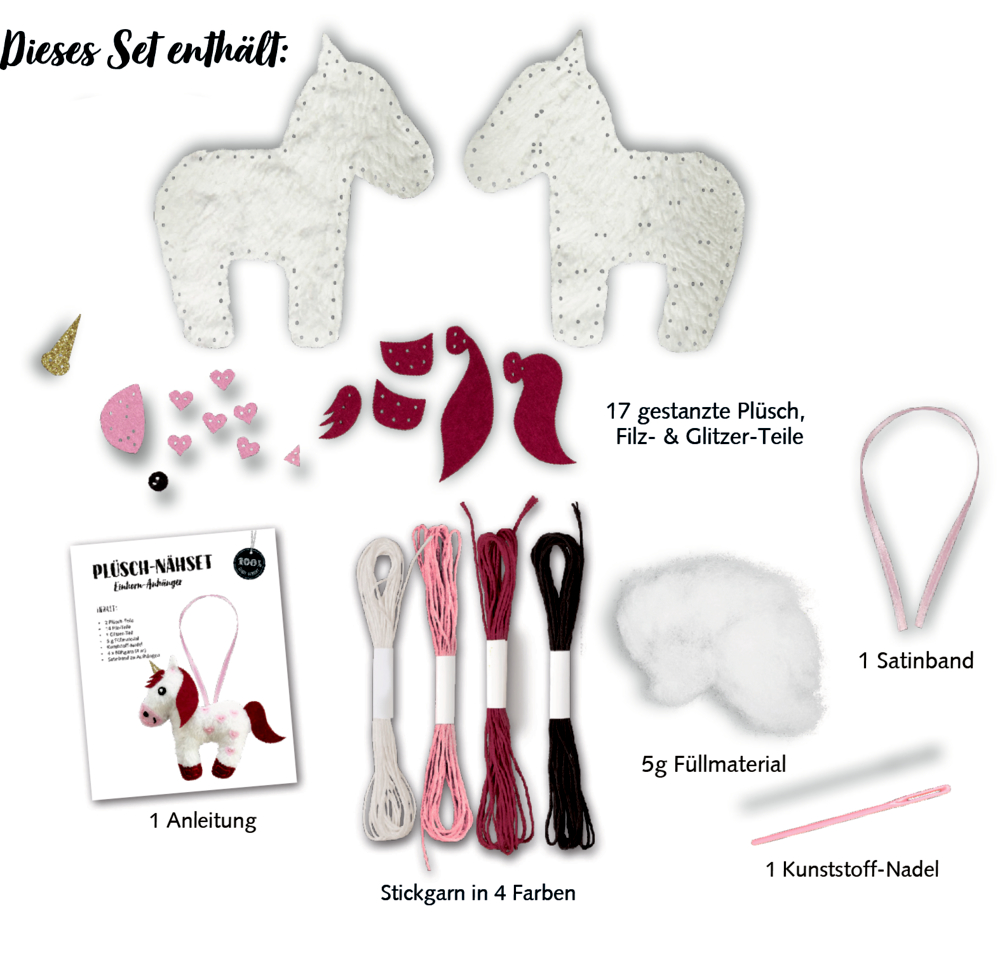 Nähset mit weißen Plüschteilen in Pferdeform, Filz- und Glitzerteilen, Stickgarn, Füllmaterial, Satinband, Nadel und Anleitung.