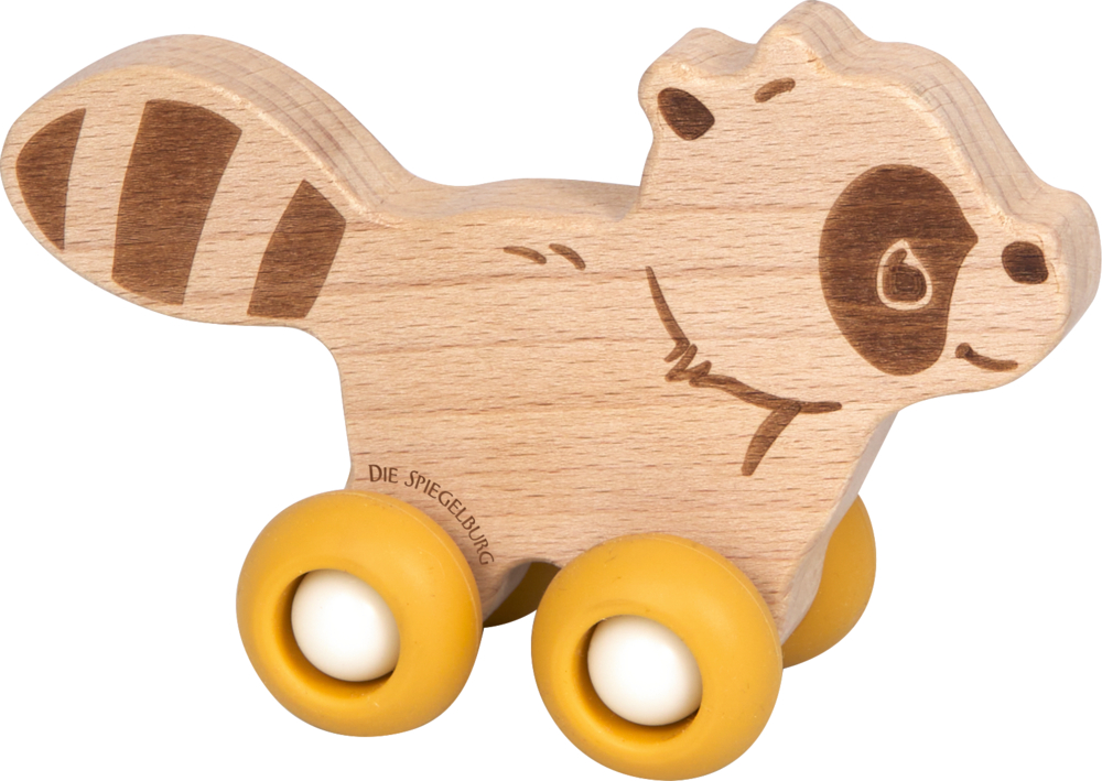 Holzspielzeug in Form eines Waschbären mit gelben Rädern und braunen eingravierten Details.