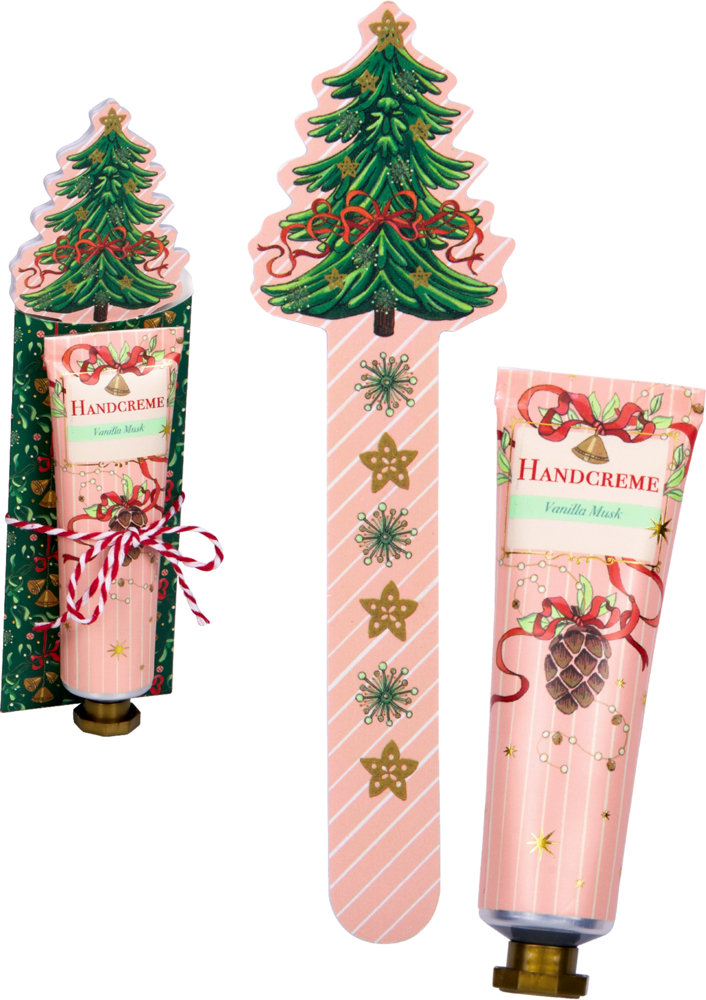 Rosa Handcremetube mit Weihnachtsmotiv, verziert mit Zapfen und Schleifen, daneben passender Nagelfeile in Baumform, daneben eine Ansicht von beiden zusammen verpackt.