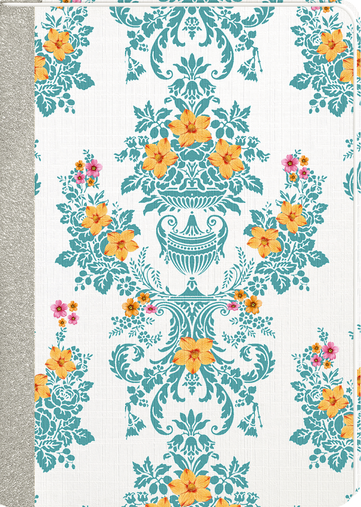 Verschnörkelte Blumentapete mit blaugrünen Mustern, gelben, orangen und pinken Blumen auf weißem Hintergrund.