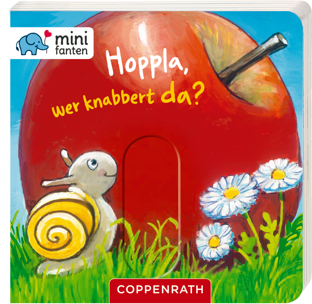 minifanten 04: Hoppla! Wer knabbert da? Schnecke neben großem roten Apfel mit Loch, weißen Blüten und dem Titel auf einem bunten Buchumschlag.