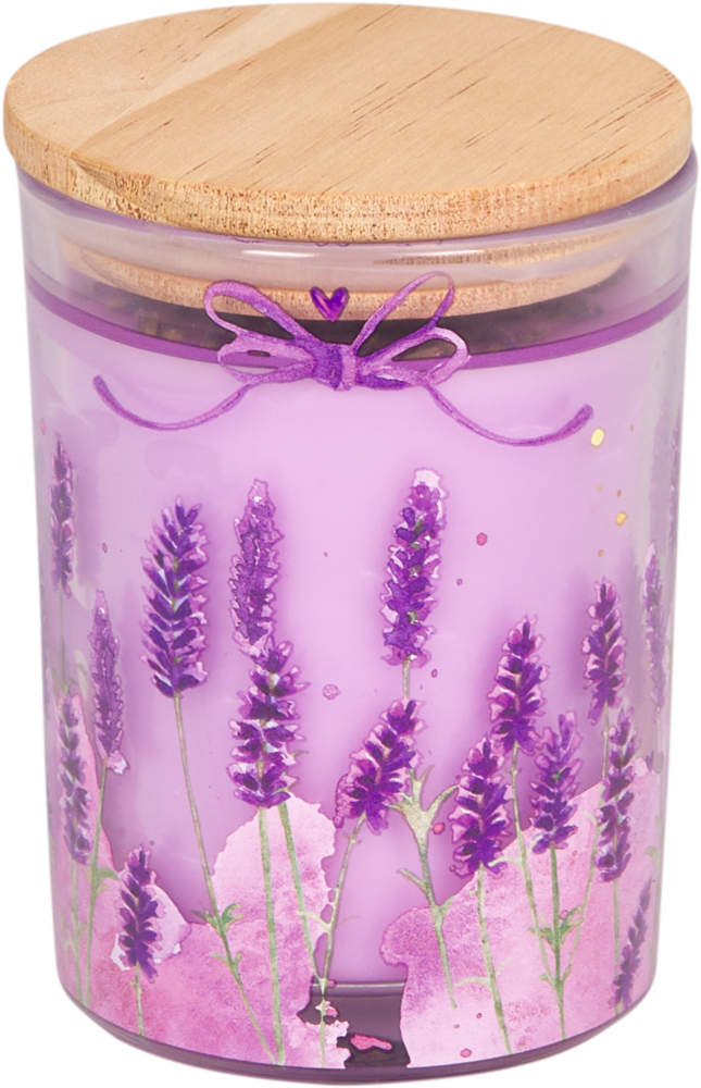 Lila Kerze im Glas mit Holzdeckel, verziert mit Lavendelblüten und lila Schleifenmuster.