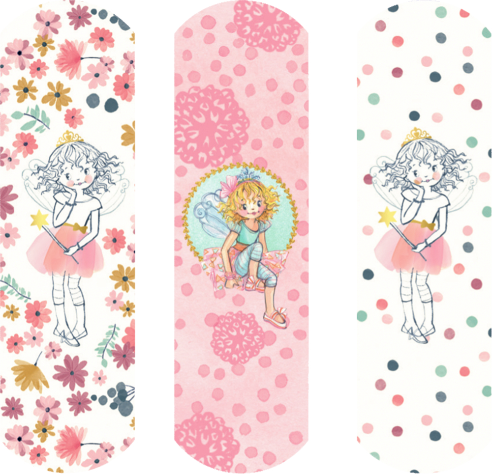 3 Pflaster mit verschiedenen, rosafarbenen Verzierungen und Illustrationen von Prinzessin Lillifee.