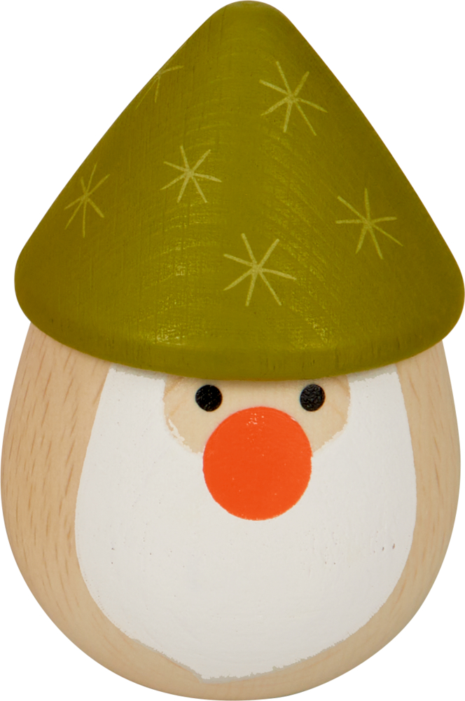 Holz-Ei mit Weihnachtsmanngesicht und weißem Bart, orangefarbener Nase, schwarzen Augen und einem grünen Hut, verziert mit gelben Sternen.
