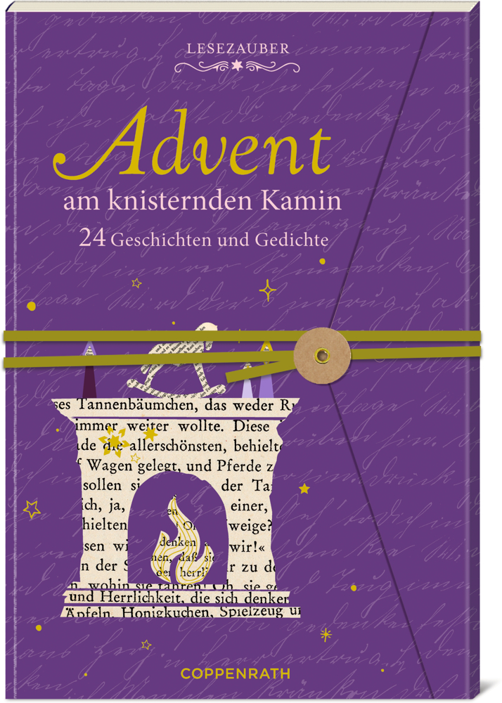 Buchcover in Lila mit goldenem Text, Kaminillustration und dekorativer Schnur, es trägt den Titel: Advent am knisternden Kamin.