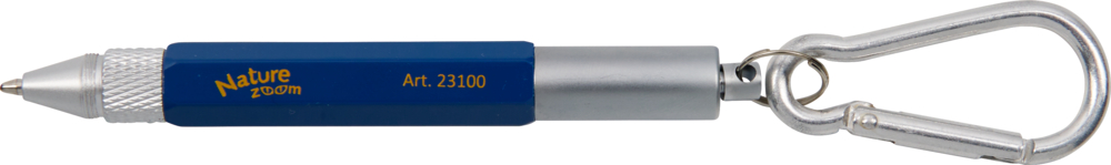 Blauer Stift mit silberner Spitze und Karabiner am Ende.