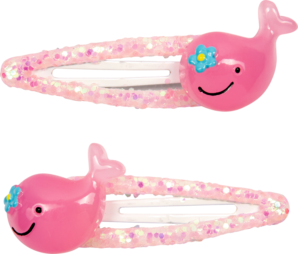 Zwei pinke glitzernde Haarspangen mit lachenden Wal-Dekoren und blauen Blumenakzenten.