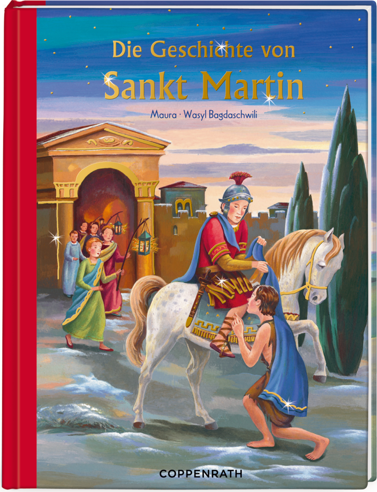St. Martin teilt auf einem Pferd seinen Mantel mit einem Bettler, Zuschauer beobachten dies aus einem beleuchteten Gebäude.