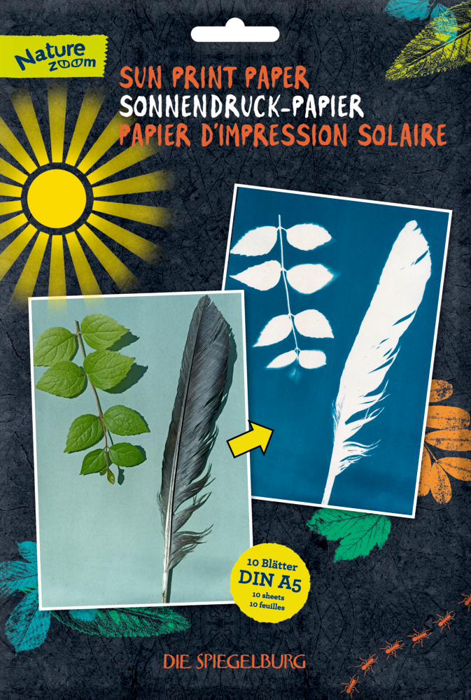 Sonnendruck-Papier - Nature Zoom Verpackung mit der Abbildung einer Sonne, einer Feder und eines Zweiges sowie des Druckergebnisses dieser Motive auf Papier.