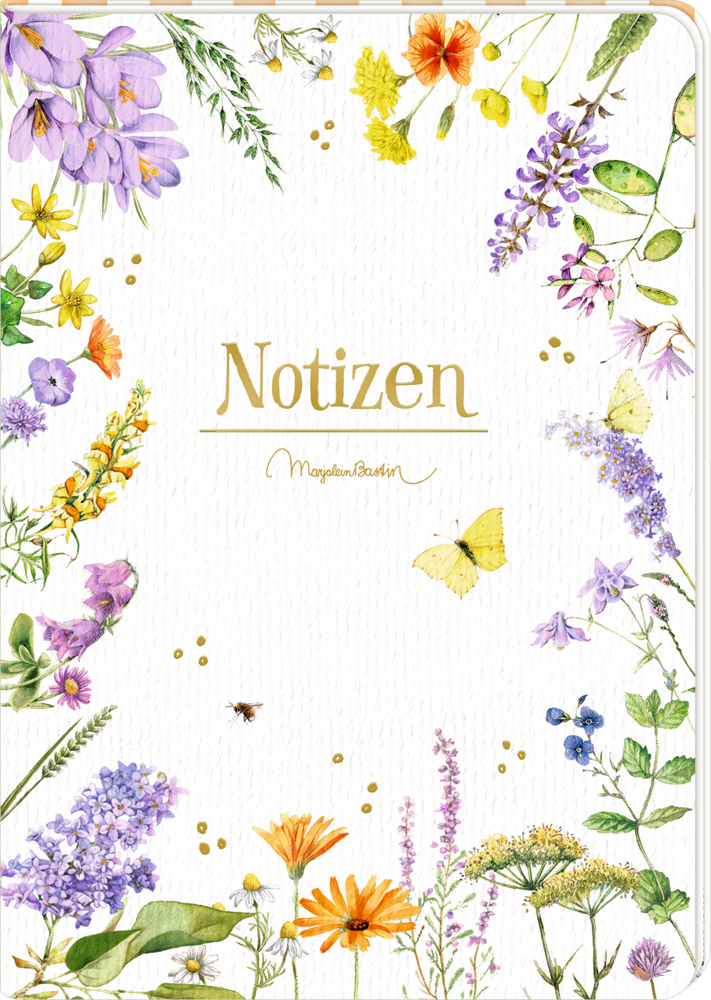 Cover eines Notizbuchs mit dem Wort „Notizen“ in goldener Schrift, umgeben von Aquarellblumen, Schmetterlingen und einer Biene.