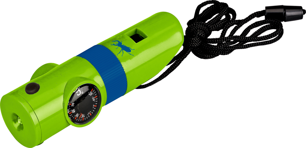 Grünes Multifunktionswerkzeug mit Pfeife, Kompass und befestigtem schwarzen Schlüsselband.