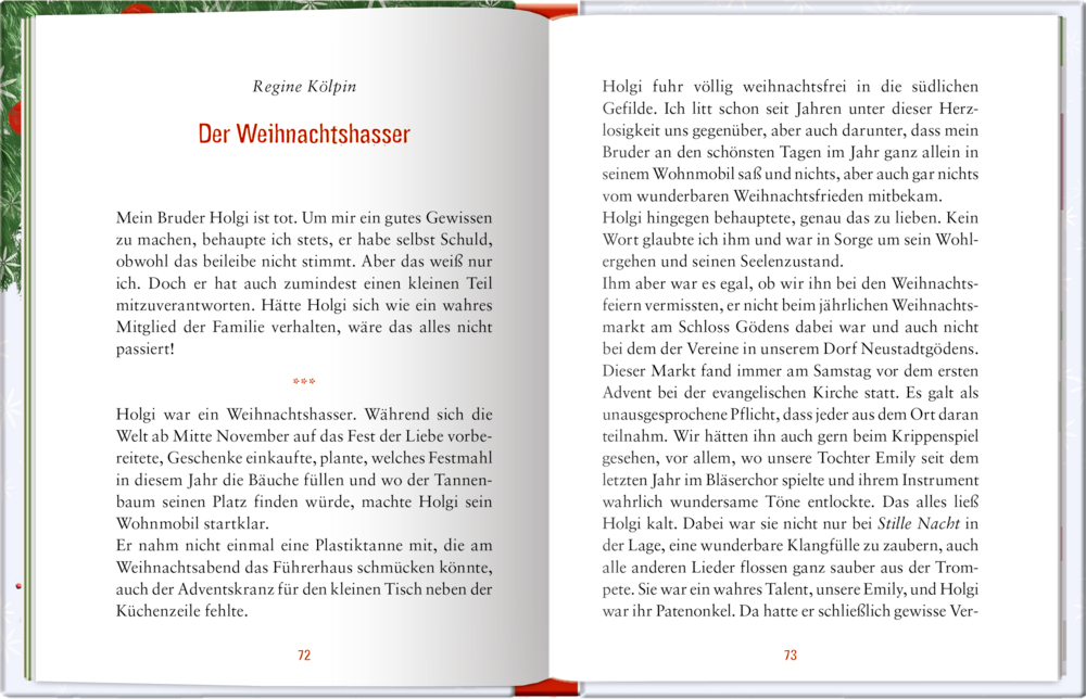 Offenes Buch mit der Geschichte „Der Weihnachtshasser“ von Regine Kölpin und Text auf beiden Seiten.