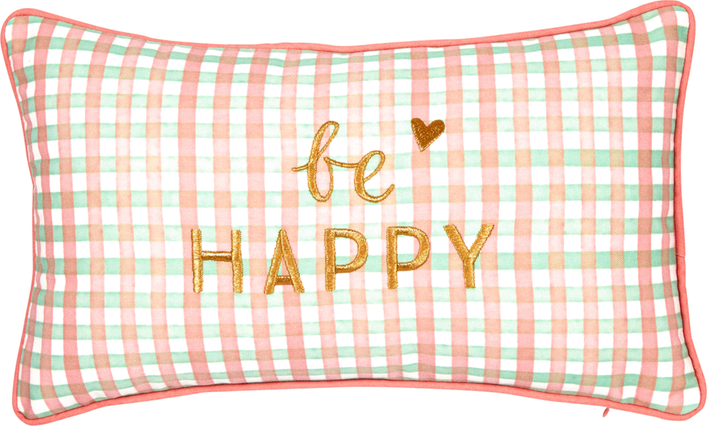 Rechteckiges Kissen mit rosa, grün und weiß kariertem Muster mit goldenem "be HAPPY"-Text und Herz.