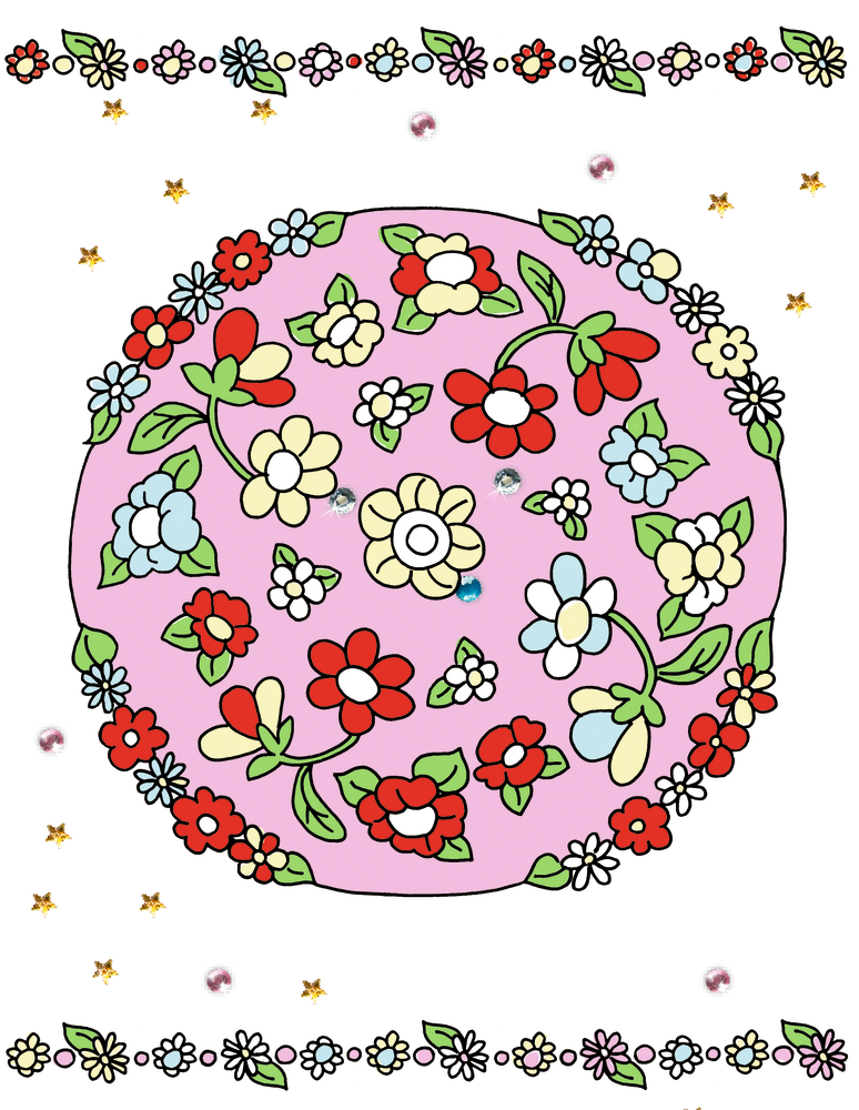Rosa Kreis mit bunten Blumen, Juwelen, Sternen und einem Blumenrand auf weißem Hintergrund.