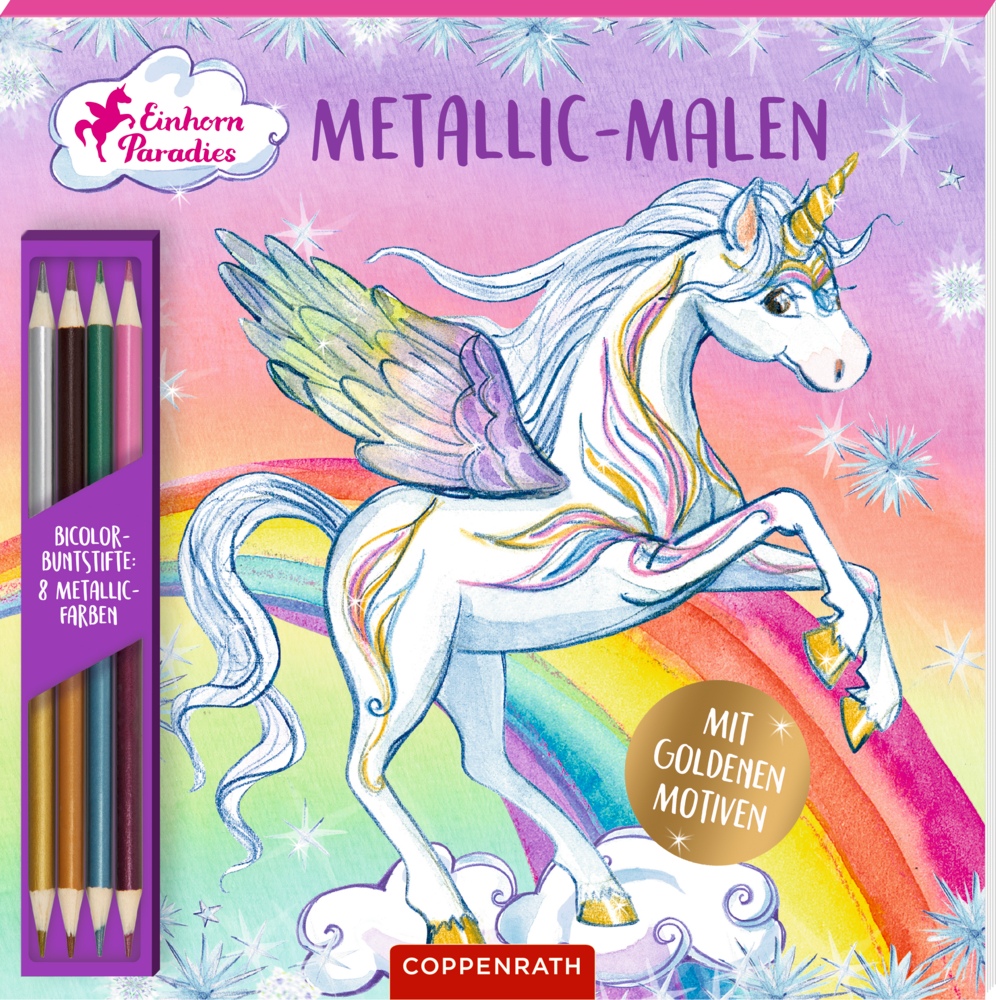 Buntes Einhorn mit Regenbogen, links metallische Buntstifte, glitzernder Hintergrund. Text auf Verpackung.