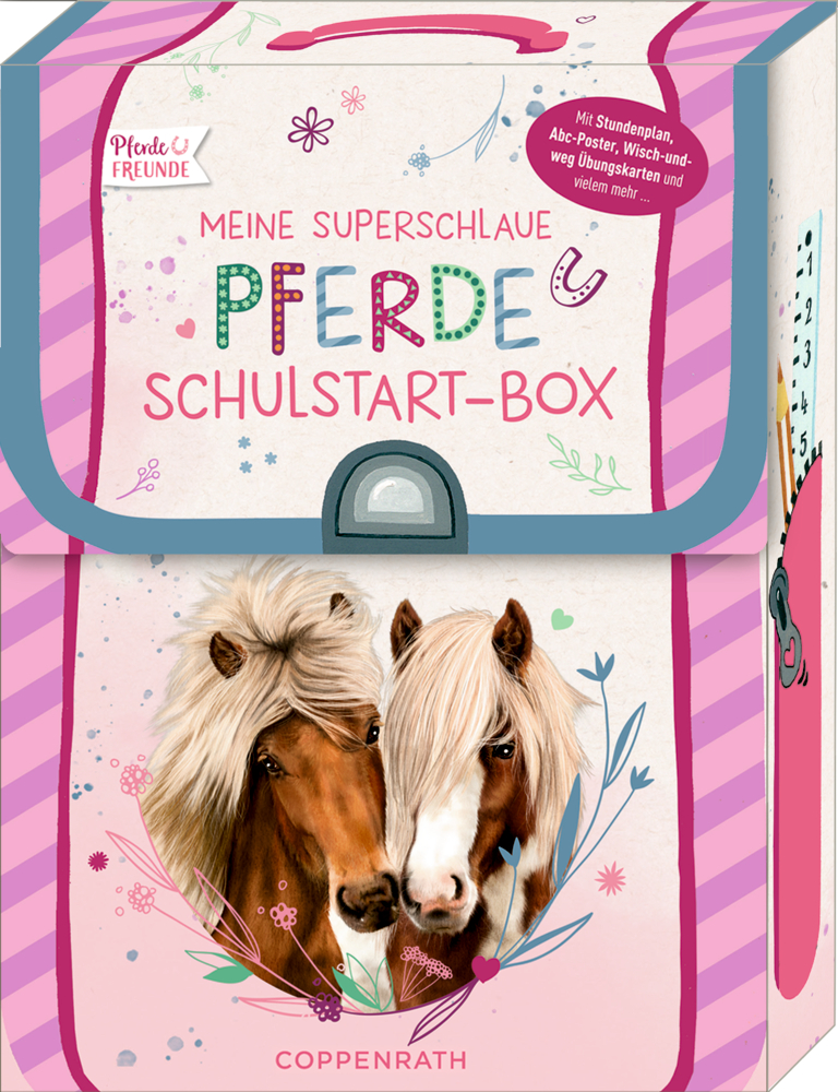 Box mit zwei gezeichneten Pferden, rosa Streifen und Text über Pferde Starterset für die Schule.
