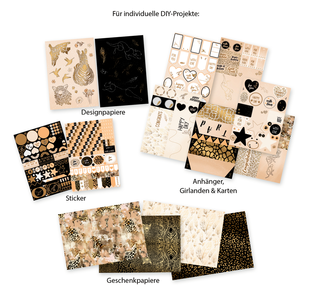 DIY-Set-Beschreibungstext: edle Papiere, 450 Sticker, Karten & Anhänger mit Goldfolien-Details.