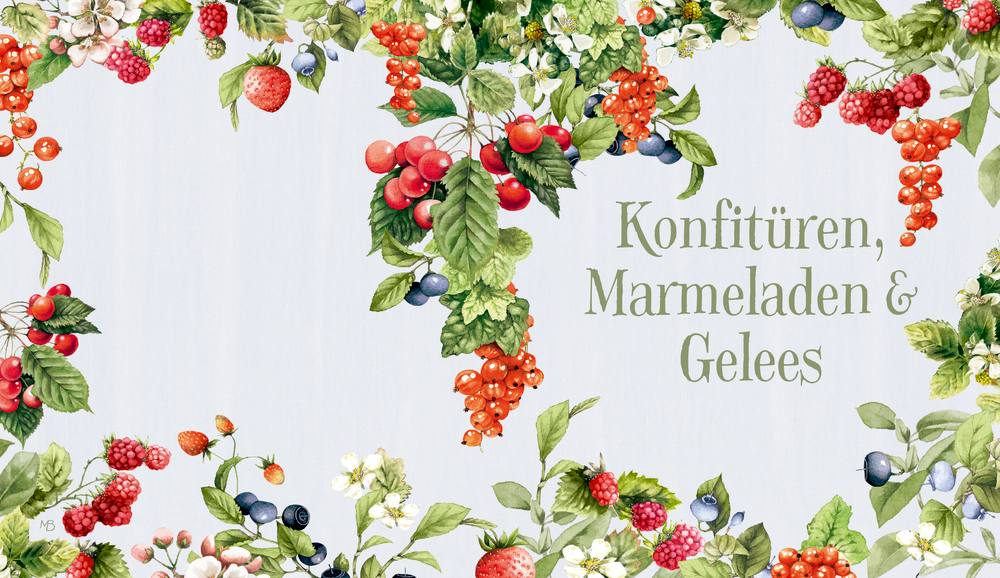 Aquarell-Beeren und Blätter rahmen den Text Konfitüren, Marmeladen & Gelees auf hellblauem Hintergrund ein.