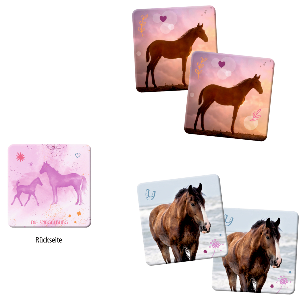 "Fünf Pferdekarten: zweimal Pferd bei Sonnenuntergang, zweimal braues Pferd am Meer sowie eine rosa Karte mit Pferdesilhouetten."