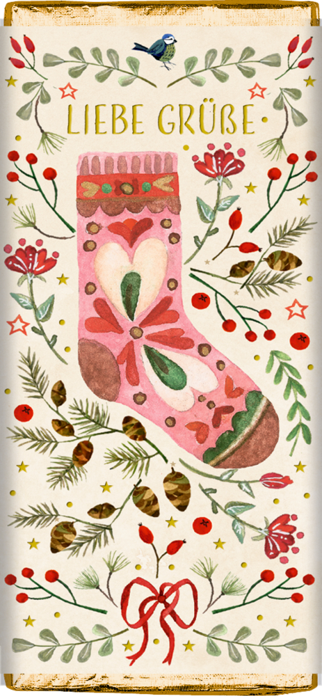 Weihnachtsschokolade mit „Liebe Grüße“, rosa Weihnachtsstrumpf und floralen Akzenten.