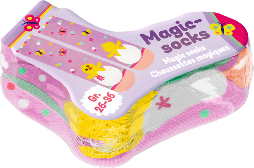 Bunte Magic-Socken für Kinder in den Größen 26–36 mit Küken- und Schmetterlingsmotiven.