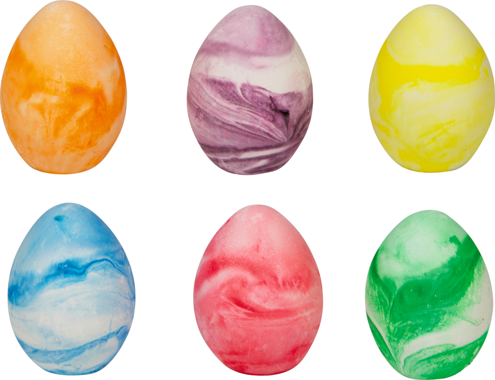 Sechs bunte, marmorierte Eier in Orange, Lila, Gelb, Blau, Rot und Grün.