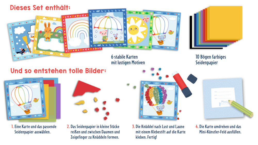 Bastelset: Bunte Karten, Seidenpapier, Klebestift und bebilderte deutsche Anleitung inklusive.
