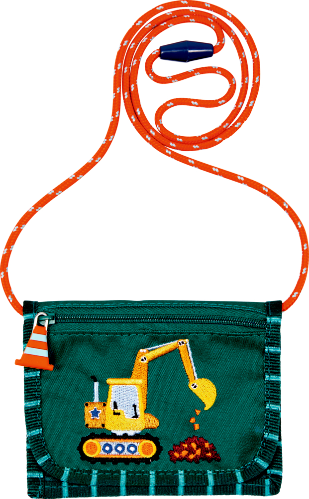Brustbeutel Bagger Ed. 2 - Wenn ich mal groß bin, ... Grüne Kindertasche mit gelbem Bagger-Motiv, orangefarbenem Gurt und Verkehrshütchen-Anhänger.