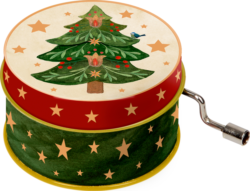 Runde Spieluhr mit einem Weihnachtsbaum auf dem Deckel, goldenen Sternmustern an den Seiten und einer Metallkurbel.