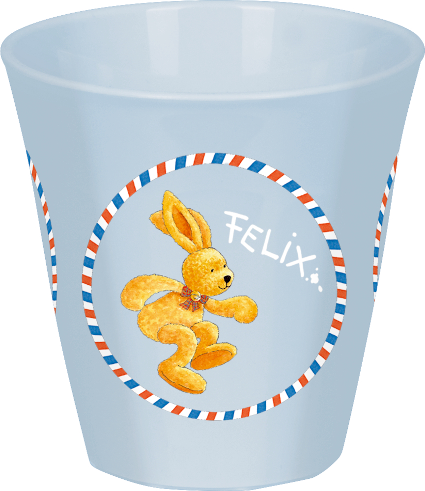 Hellblauer Becher mit gelber Hasenillustration und „Felix“ in weißer Schrift.