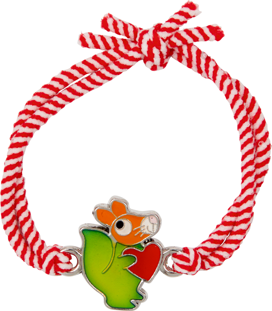 Rot-weißes geflochtenes Schnurarmband mit niedlichem Mäuseanhänger, der ein rotes Herz hält.