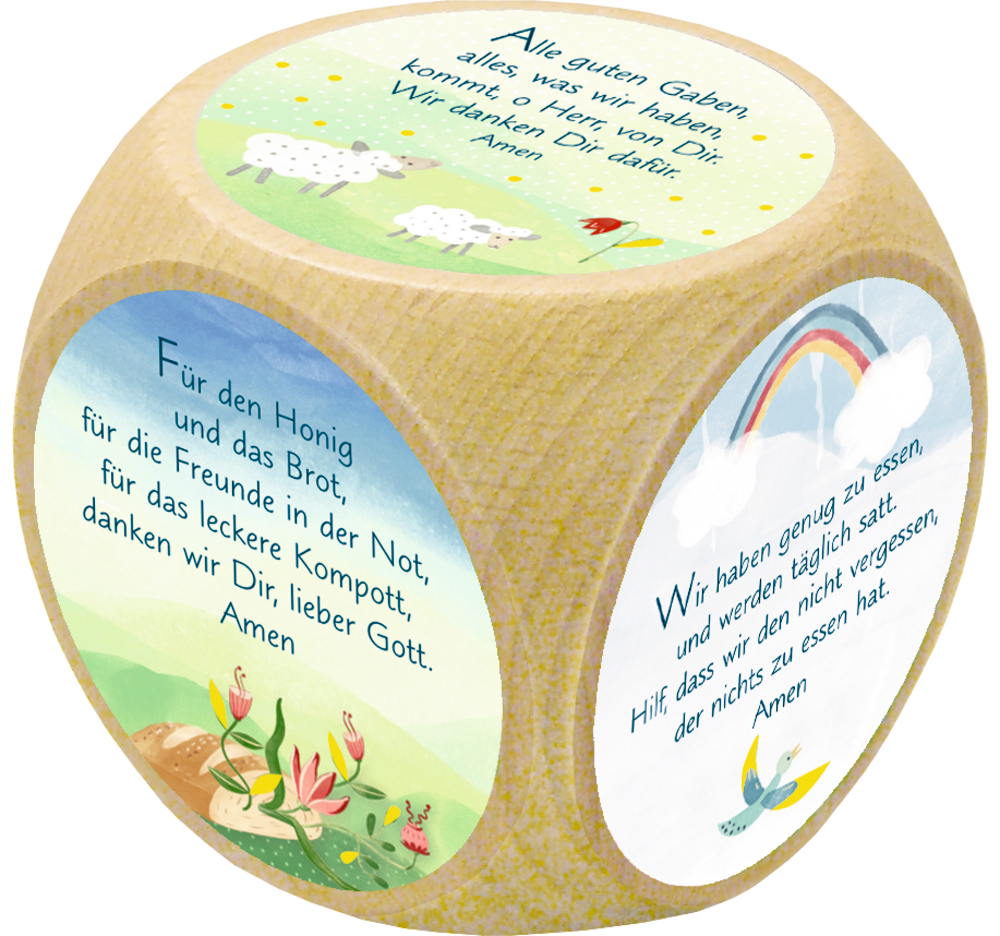 Gebetswürfel aus Holz mit farbenfrohen Illustrationen und einem anderen deutschen Gebet auf jeder Seite.