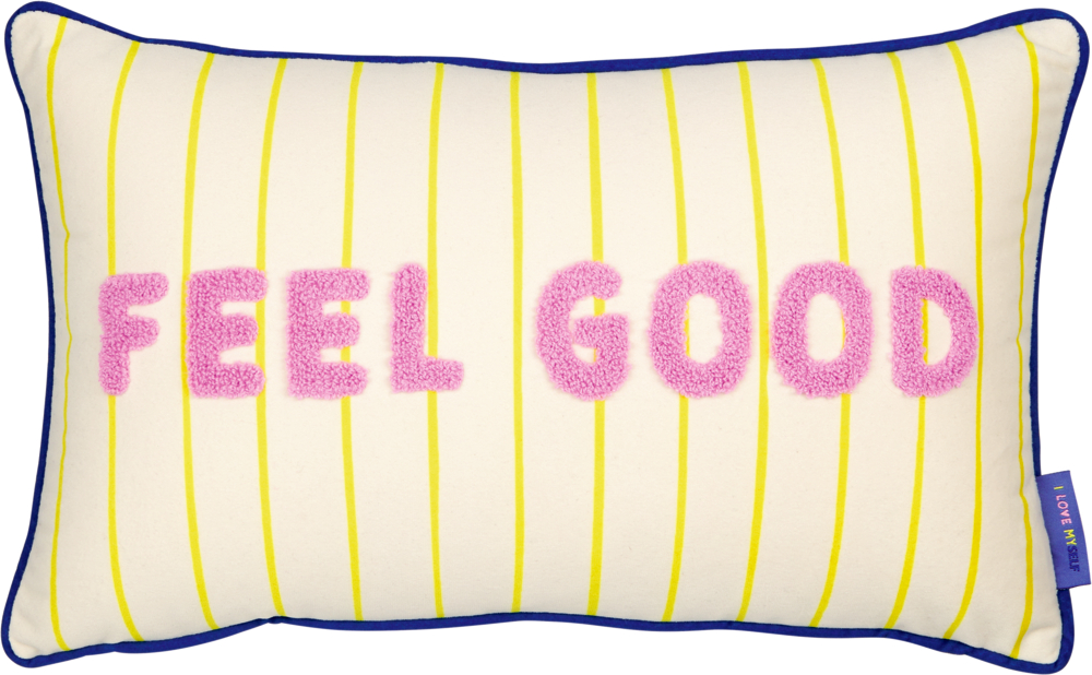 Rechteckiges Kissen mit gelben Streifen und FEEL GOOD in pinken, flauschigen Buchstaben.