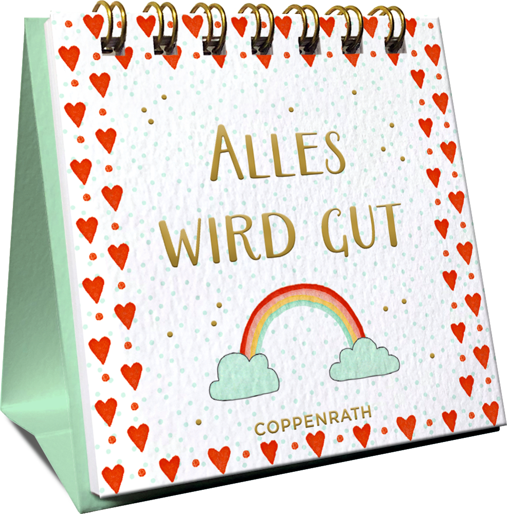 Mini-Spiralaufsteller: Alles wird gut (Viel Glück) Tischkalender mit roten Herzen, einem Regenbogen und der Aufschrift „Alles wird gut“ auf dem Cover.